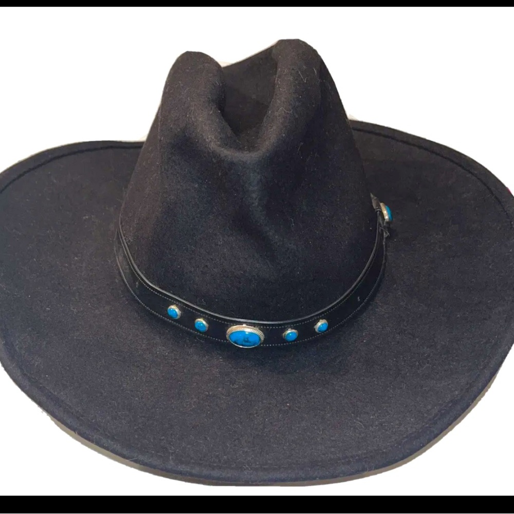 TETON Black WOOL Cowboy HAT Ranch men Western Wear measures 23” Turquoise gems